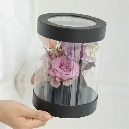 Korean Style Handmade Flower Box Round Flower Arrangement Box PVC Transparent Flower Box High End Bouquet Box Hugging Barrel