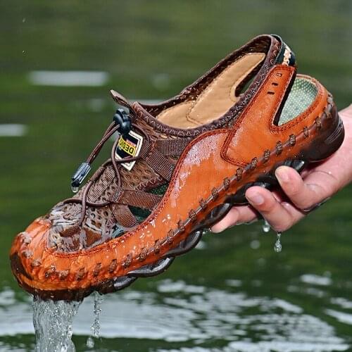 Summer Mesh Sandals Men Breathable Leather Casual Shoes Non-slip Outdoor Mens Sneakers Slip-on Footwear Beach Wading Sandalias