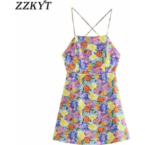 ZZKYT 2021 Women Summer Fashion Floral Print Mini Dress Vintage Square Collar Sleeveless Backless Female Party Dresses Vestidos