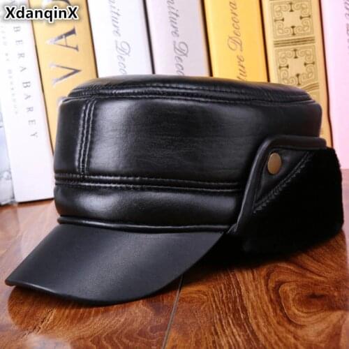 XdanqinX Mens Winter Warm Thick Hat Genuine Leather Army Military Hats With Earmuff Sheepskin Leather Flat Cap For Men Ski Caps