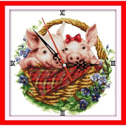 Pig in flower basket cross stitch kit 14ct 11ct count print canvas wall clock stitching embroidery DIY handmade needlework