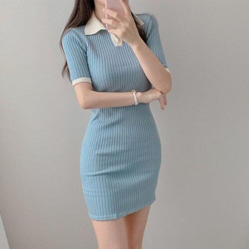 New 2021 Summer One Piece Korean Chic Niche Mori Girl Sweet Polo Collar Slim-Fitting Thread Icy Silk Knitted Dress Short Dresses