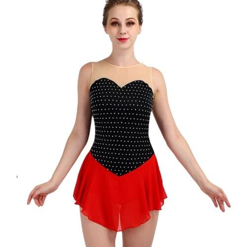 New Female Ice Skating Dress Adult/Kids Cute Sleeveless Black And Red Professional Ballroom Dance Competition Costumes DQL3290
