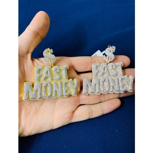 Two Tone Gold Color Fast Money Letter Pendant Necklace Sparking Bling 5A CZ Paved Hip Hop Men Jewelry