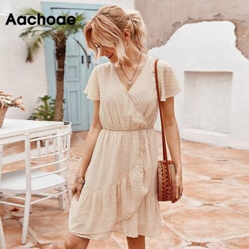 Aachoae Elegant V Neck Lace Chiffon Dress Women Short Sleeve Summer Beach Dress Female Ruffles Chic Mini Dresses Vestidos Mujer