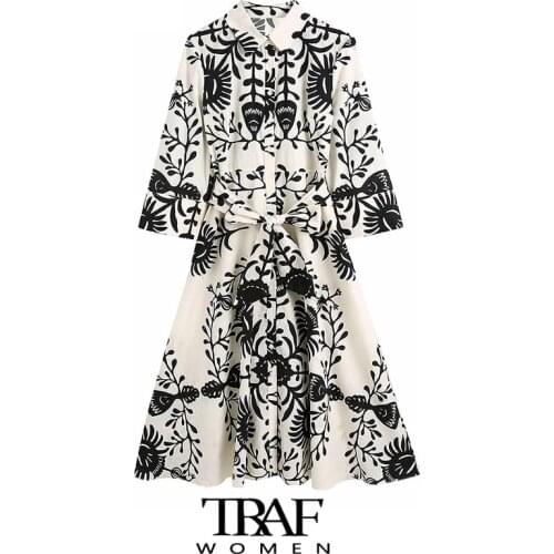 TRAF Za Women Fashion With Belt Totem Print Midi Shirt Dress Vintage Three Quarter Sleeve Button-up Female Dresses Mujer