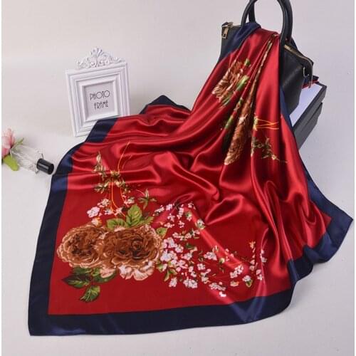 2021 Fashion Print Floral Kerchief Sunscreen Women Silk Satin Hair Scarf Lady 90X90CM Neck Scarves Winter Square Shawl And Wraps