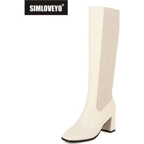 SIMLOVEYO 2021 Fashion Lady Knee High Boots Knight Zip Patchwork Square Toe 7.5CM Block Heel Size 31-49 Black White Brown A4442