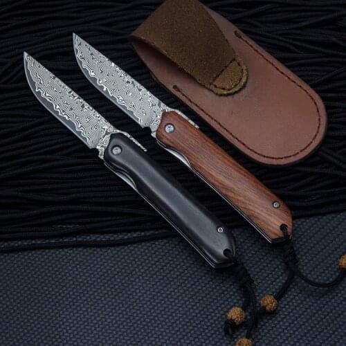 High hardness folding knife Damascus blade natural Sandalwood handle pocket survival camping hunting outdoor fishing EDC tool