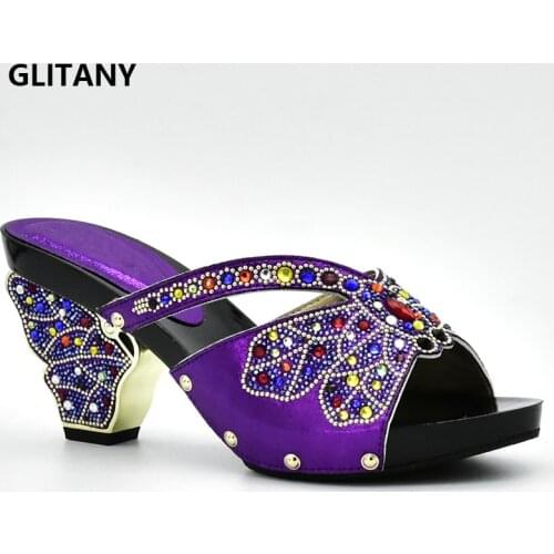 Latest Purple Color Shoes African Wedding Shoe High Quality Elegant Italian Women Shoes with Stone High Heels Summer Women Pumps