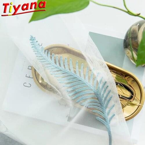 Blue Fine Leaves Embroidery Tulle Curtains For Living Room Elegant Screens for Kitchen Balcony White Solid Yarn X-HM414*VT