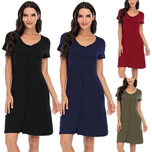 Witbuy Sleepwear Loose Short Sleeve Women Nightdress Solid O-Neck With Button Summer 2021 Female Nightgown Soft Maxi Home Dress