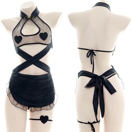 Japanese Translucent Cheongsam Apron Loving Lace Pajamas Sexy Cosplay Black Backless Jumpsuit Nightdress Sweet Maid Sleepwear