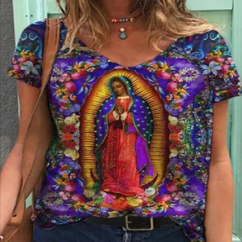 New Summer Vintage Women T-shirt Vintage Mary Print O/V-Neck Loose Tshirt Tops Short Sleeve Oversize T-shirt For Female Clothing