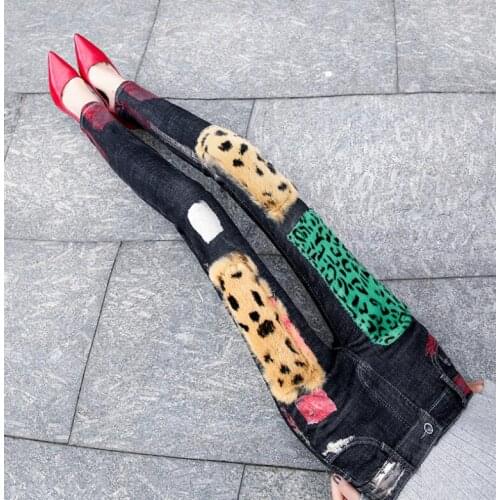 Womens Korean Fashion autumn winter fur patchwork Jeans Female Sexy Jeans Plus Size slim denim long pants TB513