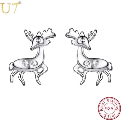 U7 925 Sterling Silver Animal Earrings Women Jewelry Lovely Deer Elephant Seahorse Cat Cubic Zircon Stud Earrings For Girl SC222
