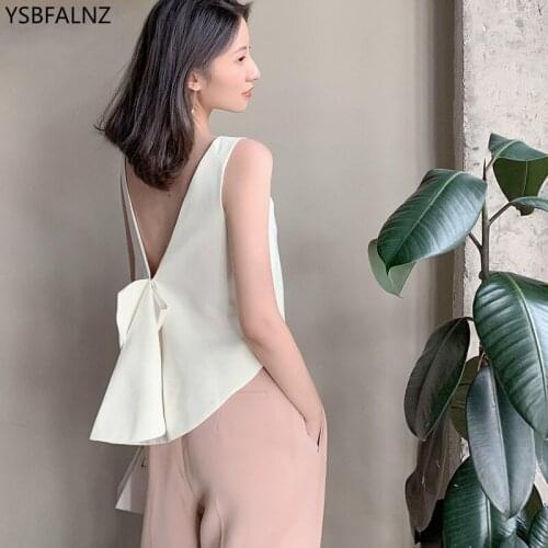 2020 New Summer Sexy Women Backless Bow White Loose Short Vest V-collar Sleeveless Fashion Tide All-match Spring Autumn Backless