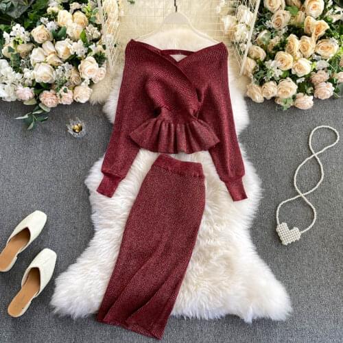 Autumn Winter Knitted Sweater And Skirt Two Piece Set Women Long Sleeve Crop Tops Bodycon Woman Skirts 2 Piece Sets Fall Outfits