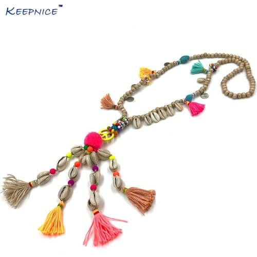 New Bohemian wood beaded chain Pink tassel long Necklace colorful long fringes Pompous Pendants Necklace for women summer