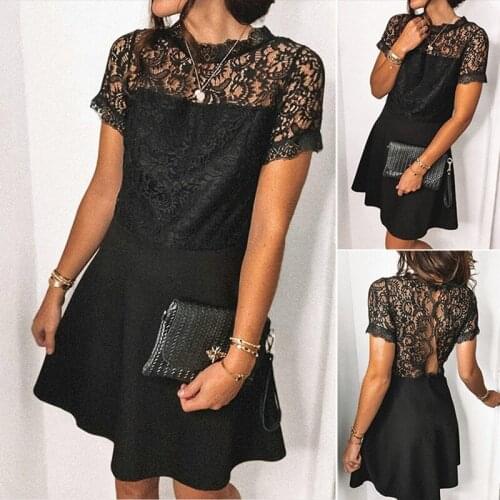 Womens Fashion Temperament Lace Backless Short-Sleeve A-Line Thin Dress Black