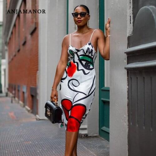 ANJAMANOR Graffiti Printed V Neck Backless Midi Dresses for Date Elegant Sexy Womens.clothing Fashion Bodycon Dress D85-CG12