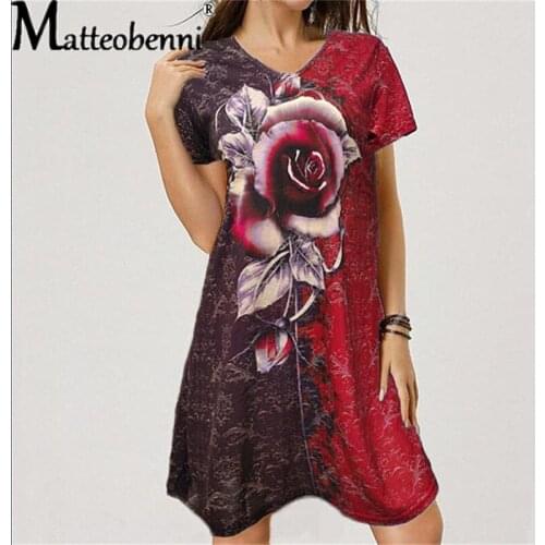 Summer Elegant Rose Print Dress Women Fashion Casual Color Matching Dress Ladies Sexy V-Neck Short Sleeve Plus Size Party Dress