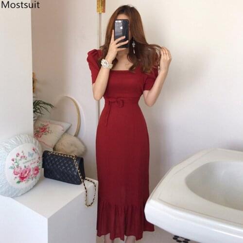Summer Elegant Long Dress Women Korean Vintage Dresses Short Puff Sleeve Square Collar Lace Up Slim Bodycon Trumpet Mermaid 2021