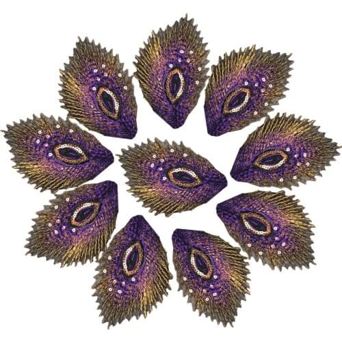 10PCS Purple Peacock Feathers Phoenix Sequined Mesh Embroidered Sew Iron On Patches Badges For Dress DIY Appliques Decoration