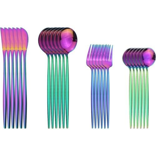 24pcs Stainless Steel Flatware Rainbow Knife Fork Dessert Spoons Silverware Set Dinnerware Cutlery Picnic Kitchen Tableware Set