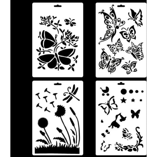 4pc Butterfly Dandelion Painting Template DIY Decoration Hollow Mold Scrapbook Graffiti Drawing Bullet Journal Stencils Reusable