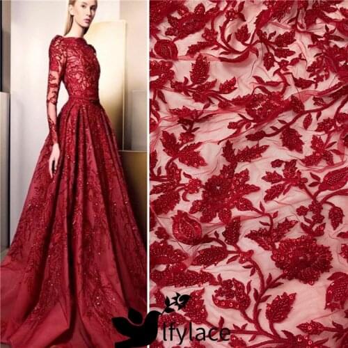 DHL Free 5 Yards Luxury Red Heavy Bead Embroidery High Quality Tulle French Lace Party Dress Lace Fabric