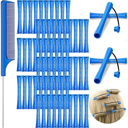 60 Pieces Hair Perm Rods Short Cold Wave Rods Plastic Perming Rods Hair Curling Rollers Curlers with Steel Pintail Comb （blue