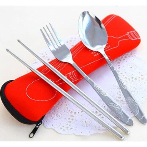 80% HOT SALE 3 Pcs Fork Spoon Chopsticks Travel Stainless Steel Cutlery Portable Camping Bag For Home Dinnerware Sets