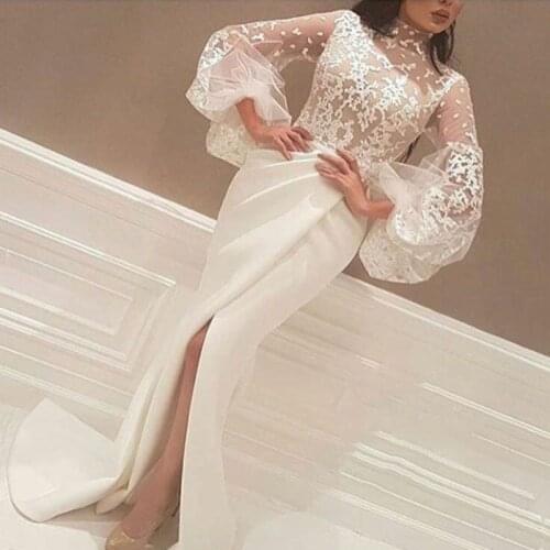 White Muslim Evening Dresses Mermaid High Collar Long Sleeves Lace Slit Islamic Dubai Saudi Arabic Long Evening Gown Prom