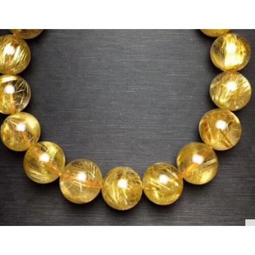 FREE SHIPPING Natural Gold Hair Rutilated Quartz Crystal Round Beads Bracelet AAAA 11.5mm fine jewelry