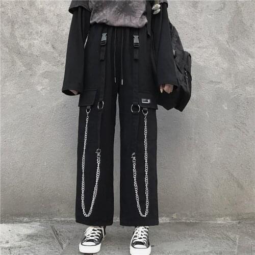 Black Punk Cargo Pants Streetwear Female Harajuku Trousers With Chain Loose Vintage Elastic waisted Emo Grunge Harem Trousers