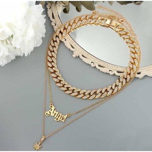 JUST FEEL Punk Gold Color Metal Angel Letter leaf Pendant Necklace for Women Cuban Crystal Choker Necklace Wedding Party Jewelry