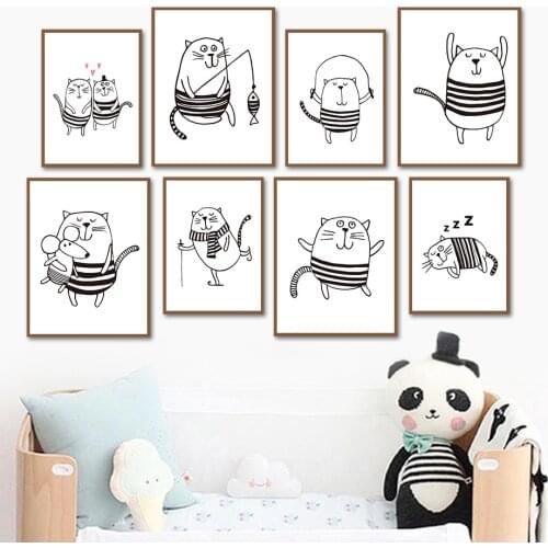 Black White Cat Mouse Fishing Skipping Skiing Wall Art Canvas Painting Nordic Posters And Prints Wall Pictures Kids Room Decor
