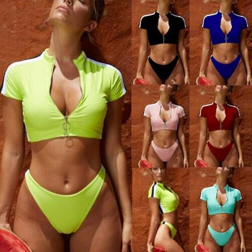 Two Pieces Swimwear Sports Bikinis Set Short Sleeve Swimsuit Fitness Beach Wear stroje kapielowe Zipper Woman Tankini Trikini