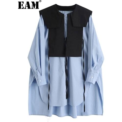 [EAM] Women Blue Split Big Size Long Blouse New Round Neck Long Sleeve Loose Fit Shirt Fashion Tide Spring Autumn2021 1X740