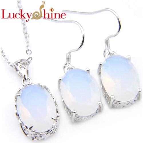 Luckyshine New Year Gift Silver Plated Sets Fire Moonstone Crystal Earring Pendants necklaces Women Wedding Jewelry Sets