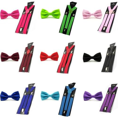Men Fashion Satin Solid Color Bowtie Bow Tie Elastic Y-Back Suspender Brace Set BWSET0015