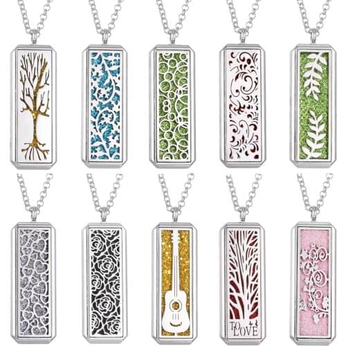 Aromatherapy Necklace Diffuser Jewelry Vintage Rectangle Flower Magnetic Essential Oil Diffuser Perfume Locket Pendant Necklace