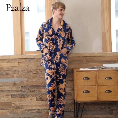 Printing Long Sleeve Flannel Pajamas Men Thick Mens Winter Pajamas Warm Mens Pajama Set Men Nightwear Sleepwear Male Black Red