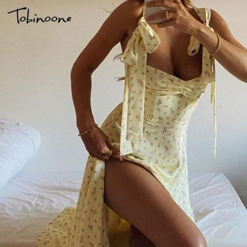 Tobinoone deep v neck backless sexy dress Side Split lace up chiffon summer Floral print dress Sleeveless midi dress vestidos