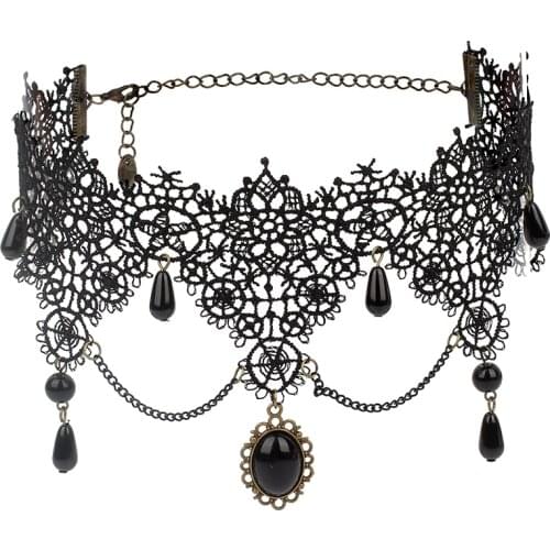 Poputton Women Boho Gothic Crystal Necklace Jewelry Vintage Pendant Black Wide Lace Choker Necklace 2020