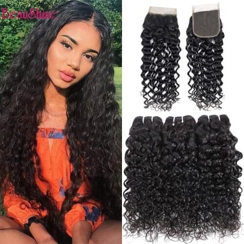 Peruvian Water Wave Bundles With Closure Wet And Wavy Human Hair Weave Bundles With Closure 3 Bundles With Closure