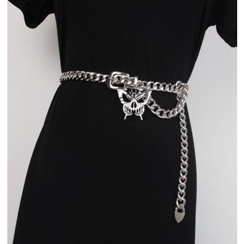 Punk Unisex Belt For Women Wide Silver Metal Allloy Butterfly Pendant Waist Chains Street Men Women Adjustable Waist belt Chain