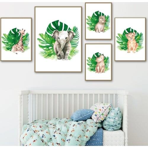 Elephant Giraffe Lion Hippo Rhino Tropical Leaf Plants Wall Art Canvas Painting Posters And Prints Decor Pictures Baby Kids Room