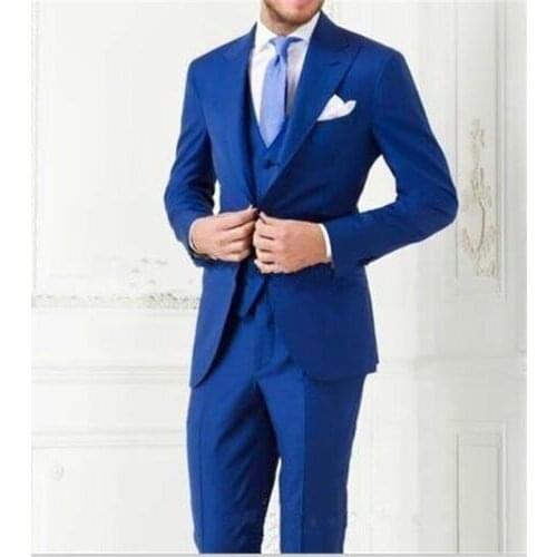 Custom Made Groom Tuxedos Blue Groomsmen Peak Lapel Wedding/Dinner Suits Best Man Bridegroom (Jacket+Pants+Tie+Vest) B578
